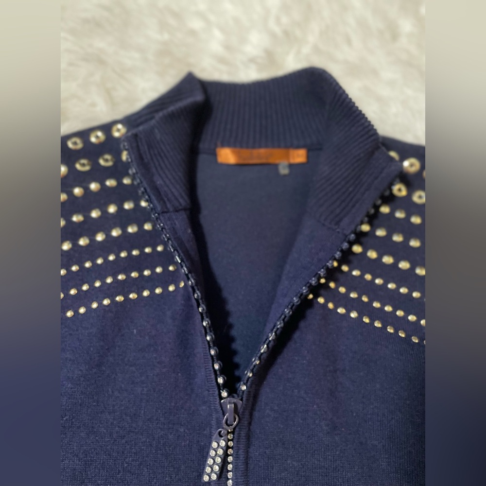 Belldini Mob Wife Bling Studded Y2K Preppy Rhinestone Zip Up Sweater Navy Blue M - Picture 5 of 9